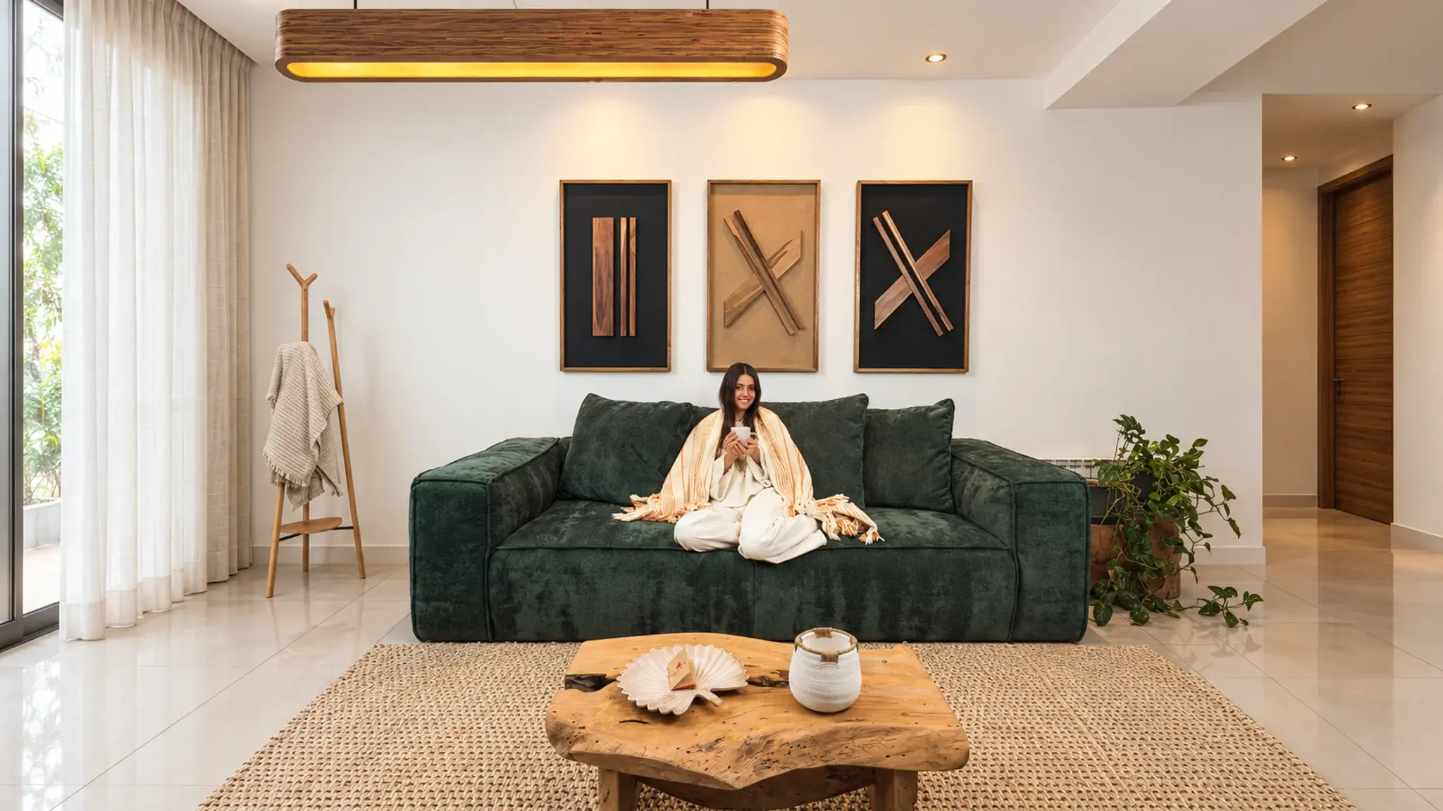 Mujer con una manta y una taza en un sillón Bonarda verde de Diforte Living